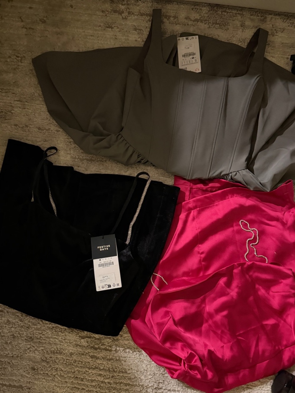 Three Piece Bundle Bustier Dress with Black Velvet and Hot Pink Satin Pieces